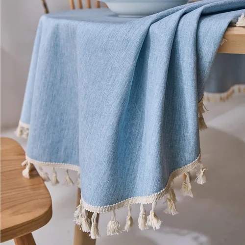 Vista 4 de Dimatic Mantel redondo con textura de lino con borla, impermeable, a prueba de derrames, para decoración de mesa de cocina, comedor, verde, redondo