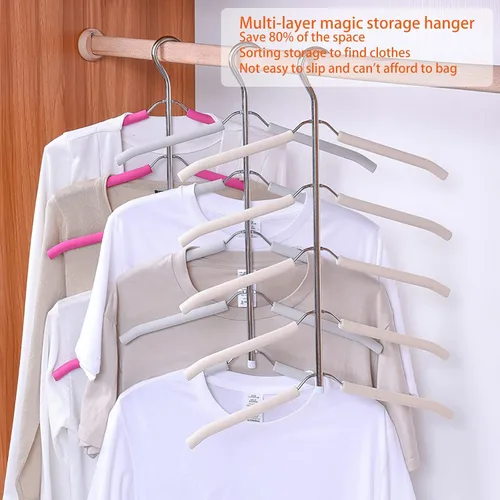 Vista 5 de Paquete de 3 perchas para blusas 5 en 1 que ahorran espacio, perchas acolchadas antideslizantes con brazo oscilante, acero inoxidable resistente