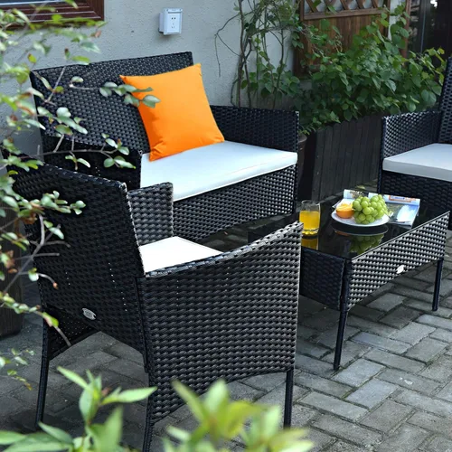 Vista 8 de Tangkula Juego de muebles de patio de 4 piezas, juego de conversación de mimbre para exteriores con mesa de centro de vidrio templado, sofá biplaza