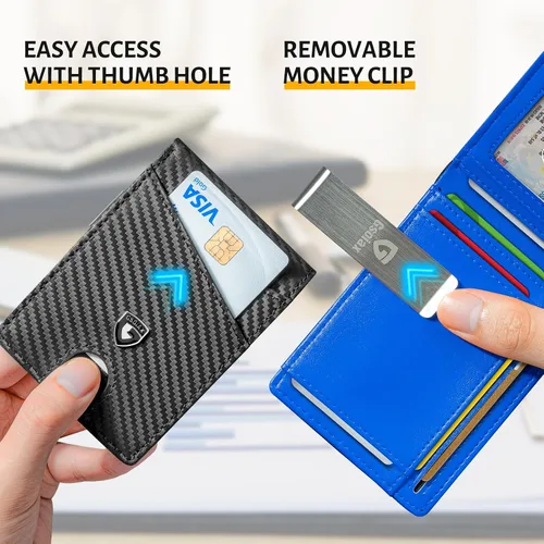 Vista 24 de GSOIAX Cartera delgada de cuero plegable RFID para hombre, billetera minimalista con bolsillo frontal con clip para dinero, 12 ranuras para Negro