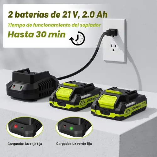 Vista 2 de Soplador de hojas inalámbrico, potente soplador eléctrico de hojas de 21 V con 2 baterías y cargador, 2 modos de velocidad, sopladores de hojas