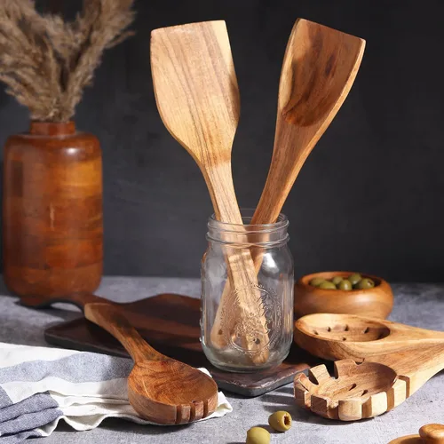 Vista 4 de Juego de 8 utensilios de cocina de madera de acacia, espátula de madera de 12 pulgadas de largo para cocinar, cucharas de madera antiadherentes