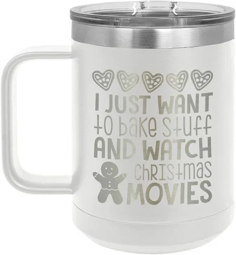 Vista 6 de I JUST WANT TO BAKE STUFF WATCH CHRISTMAS MOVIES Taza de café verde de 15 onzas con tapa deslizante Taza de café de viaje aislada Divertidas