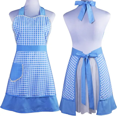Vista 5 de Love Potato Bonito delantal retro de diseño único para mujeres y niñas con bolsillo elegante para cocinar cocina, color azul