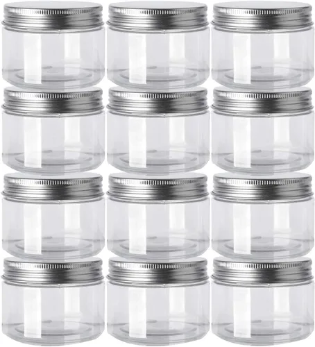 Vista 7 de Paquete de 12 tarros de plástico transparente con tapas de rosca, recipientes de plástico recargables de boca ancha para almacenamiento de limo