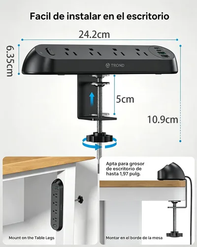 Vista 3 de TROND Regleta de alimentación con abrazadera de escritorio USB C PD 20 W, protector de sobretensiones con 4 salidas de CA, 4 puertos USB, cable