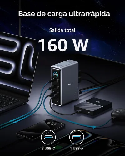 Vista 4 de Estación de acoplamiento Anker Prime, 14 puertos con salida máxima de 160W, transferencia de datos rápida de 10Gbps, interfaz inteligente en tiempo