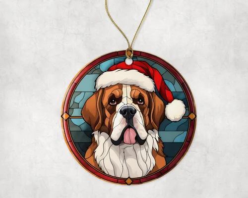 Vista 3 de Adorno de cerámica de San Bernardo de Navidad, adorno colgante para árbol de Navidad, adorno de vitral de perro, adorno religioso para cristianos