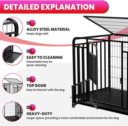 Vista 3 de 42 Heavy Duty Metal Pet Dog Cage Crate 3-Door Lock Design Kennel with 4 Brake Wheels & Removable Bottom Tray