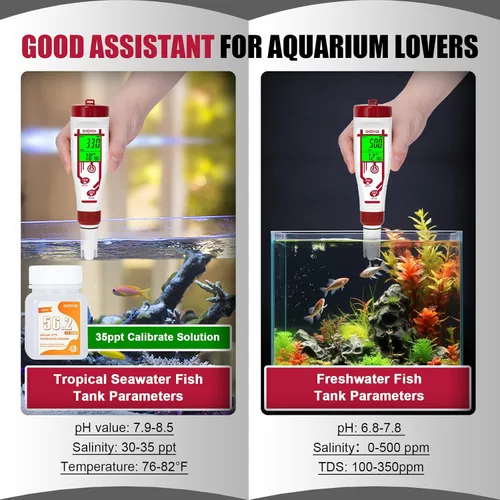 Vista 4 de Medidor de pH de salinidad para acuario, probador digital de sal de piscina, pantalla simultáneamente 5 en 1 PPM pH EC lector probador de calidad