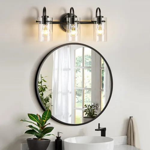 Vista 4 de 3 luces de tocador, lámparas de pared de baño negro mate sobre el espejo, aplique de pared moderno con pantalla de vidrio transparente, lámpara