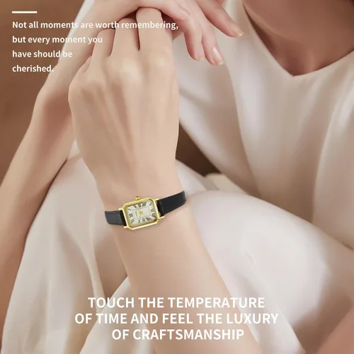 Vista 2 de LEO RING Relojes dorados para mujer, reloj analógico de lujo, delicado y moderno, pequeño, de cuero marrón, caja rectangular, esfera romana
