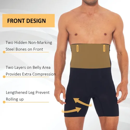 Vista 3 de Pantalones cortos moldeadores para hombre con control de abdomen, cintura alta, ropa interior adelgazante, sin costuras, faja moldeadora de cuerpo