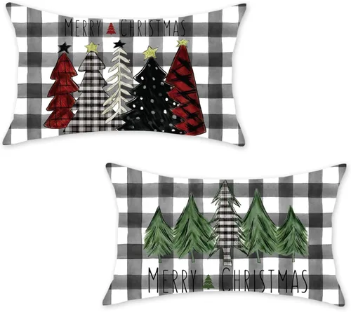 Vista 18 de ONWAY Juego de 2 fundas de almohada de Navidad de 16 x 16 pulgadas, fundas de almohada de Navidad de búfalo rojo a cuadros, color negro y verde Beige