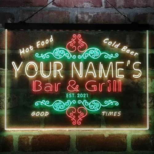 Vista 10 de Letrero de luz de neón LED tricolor personalizado para bar y parrilla, nombre personalizado, fecha, texto, cita, fuente blanco, azul y rojo, 17.7 x