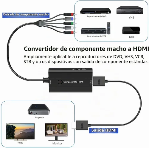 Vista 3 de Convertidor de componente macho a HDMI para DVD/STB/VHS con componente hembra para mostrar en televisores de alta definición