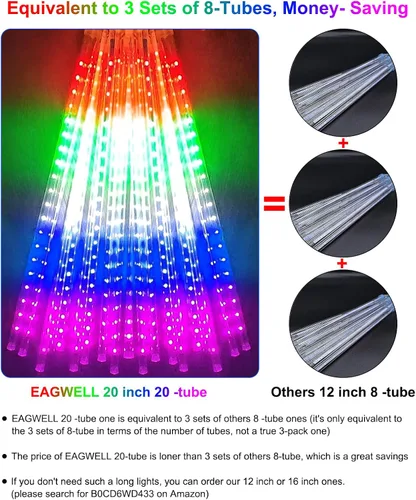 Vista 4 de EAGWELL Luces de Lluvia de Meteoros de Navidad, 20 en 20 Tubos Luces de Lluvia en Cascada con Cambio Automático con 12 Modos, Decoración Navideña