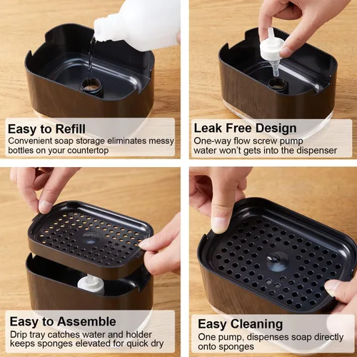 Vista 4 de Dispensador de jabón para platos de 10 onzas para fregadero de cocina con soporte de esponja, dispensador de jabón de cocina de calidad premium