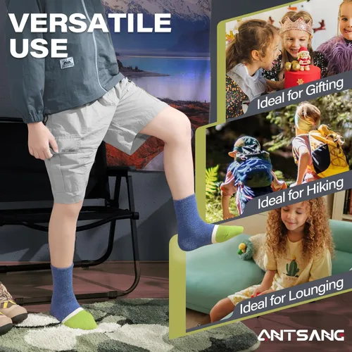 Vista 54 de ANTSANG Calcetines de Lana, Calcetines Térmicos Cálidos y Gruesos Tipo Crew Boot para Niños Pequeños, Niños y Niñas, 6 Pares