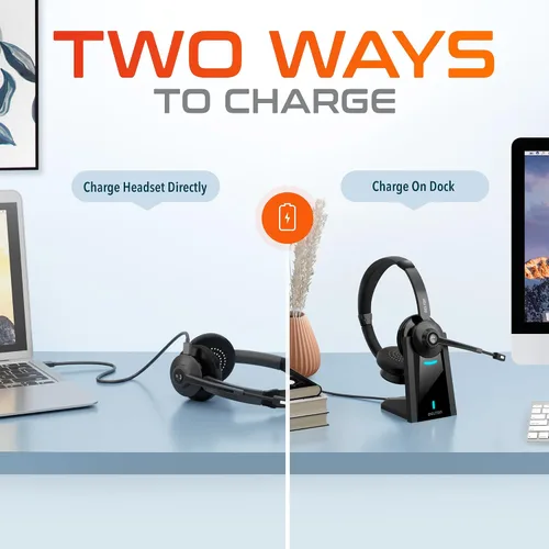 Vista 8 de Delton Auriculares Bluetooth 35X para computadora con micrófono de cancelación de ruido, base de carga rápida, acoplamiento automático USB Dongle