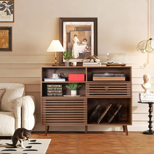 Vista 2 de Jluomei Soporte grande para tocadiscos, soporte para tocadiscos de mediados de siglo con puertas y estación de carga, mesa para tocadiscos