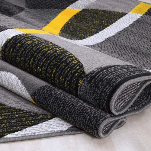 Vista 4 de Swirls Circles - Alfombra abstracta moderna de color amarillo, gris, negro (2 pies x 7 pies)