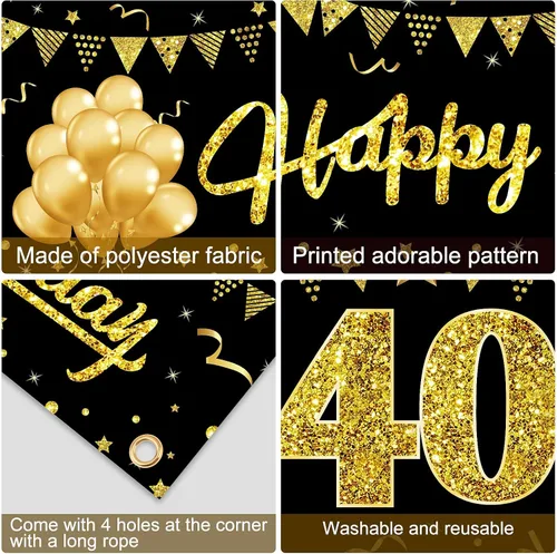 Vista 6 de Cartel decorativo de cumpleaños número 40 para hombres y mujeres, suministros de fiesta de letrero negro y dorado de 40 años, decoración de fiesta