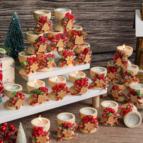 Vista 5 de Paquete de 25 velas de Navidad para regalo, tarro rústico de velas de Feliz Navidad, velas de té a granel con soporte de madera natural, decoración