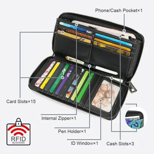 Vista 2 de APHISON Billetera para mujer, gran capacidad, monedero, tarjetero, RFID, pulsera, teléfono, cremallera, moneda, bolsillo de viaje