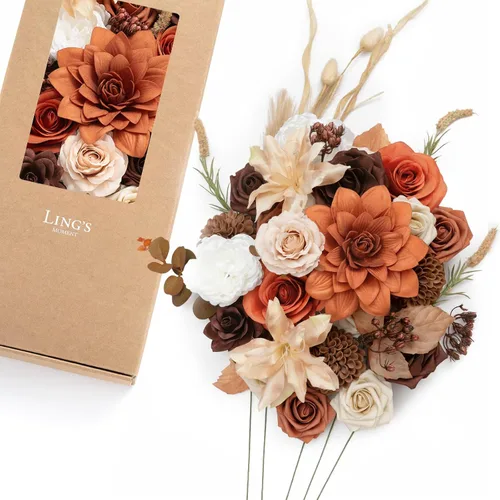 Vista 22 de Ling's moment Caja de Flores Falsas, Tallos de Vegetación Artificial Falsa Rosas de Espuma Dalia Hortensia de Seda Peonía Flor de Tela para Centros