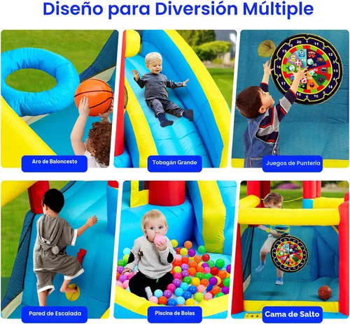 Vista 4 de WELLFUNTIME - Casa inflable para saltar con tobogán, castillo hinchable con ventilador, pared de escalada, diana, aro de baloncesto y 50 pelotas