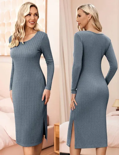 Vista 3 de Ekouaer Maternity Dress Rib Knit Long Sleeve Side Slit Bodycon Dresses Pregnancy Baby Shower Clothes S-XXL