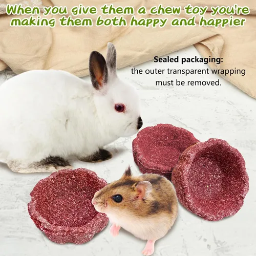 Vista 6 de Paquete de 6 juguetes masticables de conejo para dientes, juguetes Timothy - Cuenco comestible para masticar heno, golosinas molares para conejo