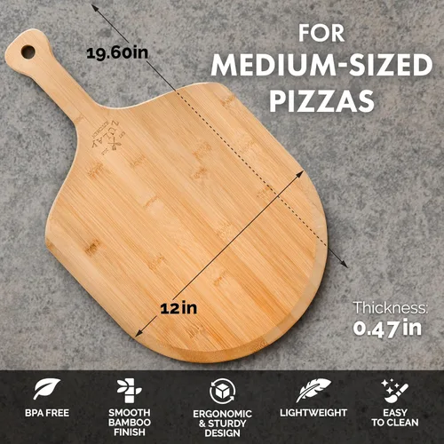 Vista 4 de Zulay (mediana de 12 pulgadas) auténtica madera de bambú para pizza, paleta de pizza de bambú natural con bordes fáciles de deslizar y mango
