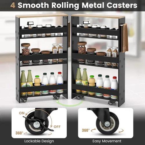Vista 4 de COSTWAY Carrito de almacenamiento delgado y rodante, carrito utilitario rodante de 4 niveles, carrito de almacenamiento de cocina de madera con asa