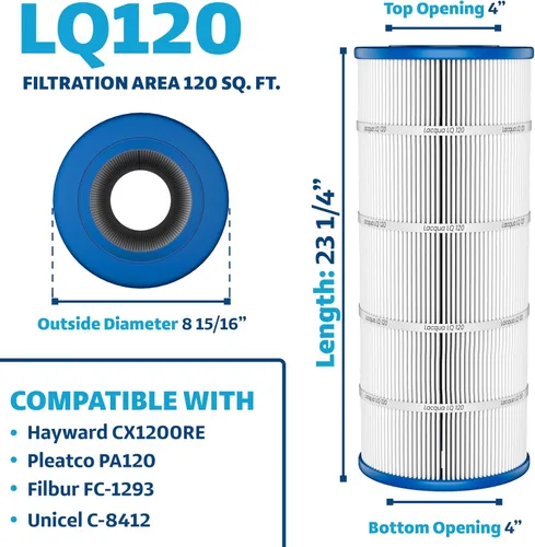 Vista 2 de LACQUA Cartucho de filtro de piscina LQ120 120 SqF para Hayward C1200, CX1200RE, Pleatco PA120, PA120-EC, Unicel C-8412, Filbur FC-1293, Clearwater
