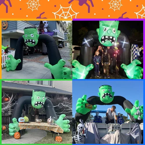 Vista 7 de Arco inflable de Halloween de 9 pies de alto, decoración de Frankenstein, arco inflable de Frankenstein integrado, 5 luces LED para decoración