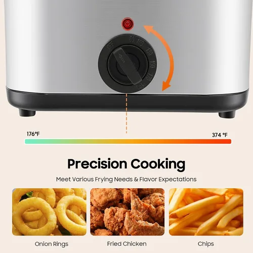 Vista 4 de Freidora eléctrica de 1000 W con canasta, freidora de acero inoxidable con tapa de visión, temperatura ajustable de 176-374 °F, protección