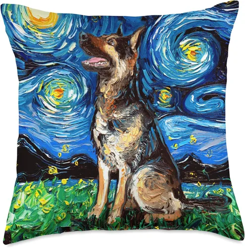 Vista 5 de Sagittarius Gallery Happy German Shepherd Starry Night Dog Art by Aja Throw Pillow (16.0 x 16.0 in), multicolor