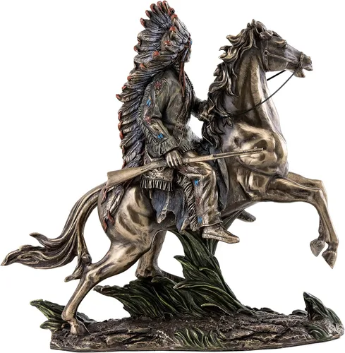 Vista 3 de Top Collection Chief Sitting Bull on Horseback Estatua – Escultura de nativos americanos con hermoso tocado en bronce fundido en frío de primera