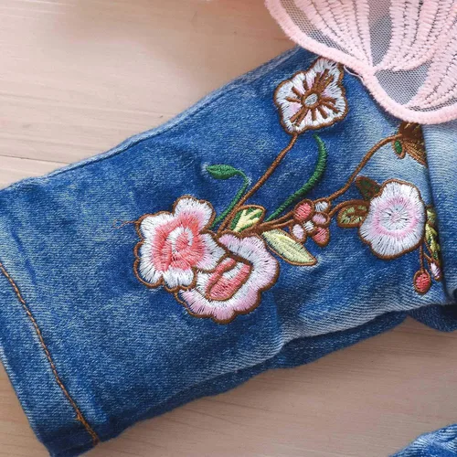 Vista 8 de Peacolate Conjunto de ropa de primavera y otoño para bebé, 3 piezas, camiseta de manga larga, chaqueta de mezclilla y jeans