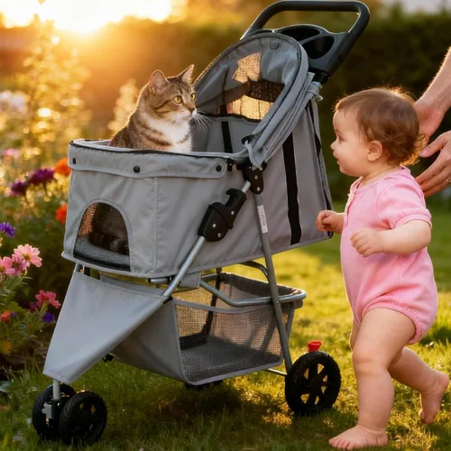 Vista 7 de DUMOS Cochecito de 3 ruedas para perros y gatos pequeños, cochecito plegable para perros con ventanas de malla, cesta de almacenamiento y soporte