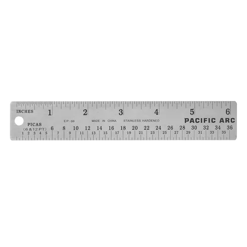 Vista 6 de Pacific Arc, Regla de acero inoxidable con medidas en pulgadas y picas, 36 pulgadas (91,4 cm), con respaldo de goma