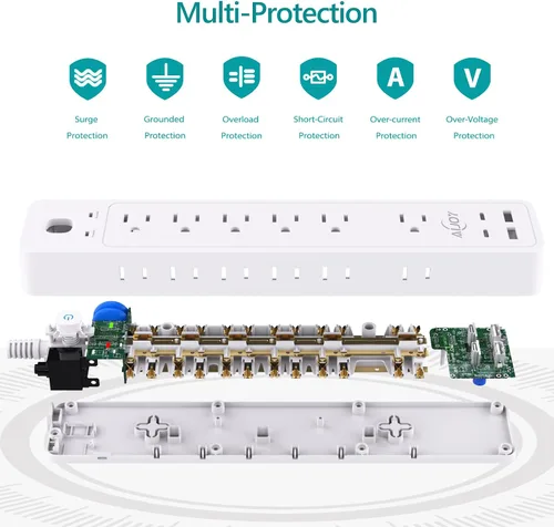 Vista 5 de Regleta de protección contra sobretensiones de 5 pies con 12 tomas de corriente y 4 puertos USB AiJoy Power Strip with USB Ports Extension Cord