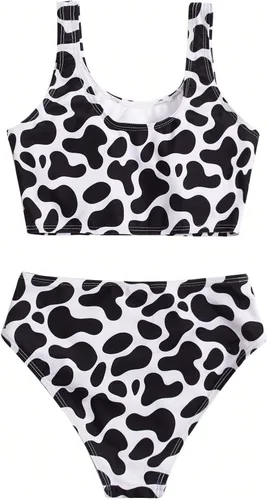 Vista 2 de WDIRARA Traje de baño de 2 piezas con estampado de vaca para niña, cuello redondo, lindo traje de baño
