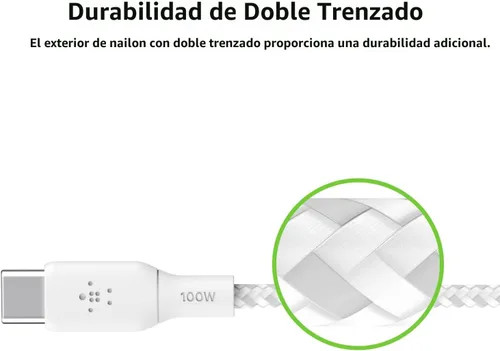 Vista 4 de Belkin Cable USB C a USB C, 6.6 pies, 100 W, cargador tipo C, cable de carga para iPhone, suave, trenzado, flexible para iPhone 17, Galaxy S25