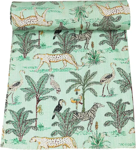 Vista 12 de Marubhumi Edredón tradicional indio de algodón puro con estampado de selva Kantha, funda de cama, colcha Kantha con estampado de animales, Gris