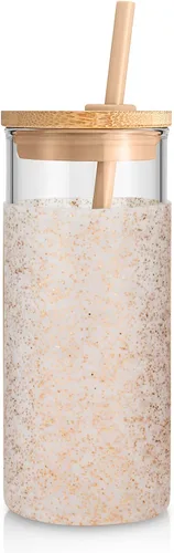 Vista 41 de Tronco Vaso de vidrio de 20 onzas con tapa y popote, taza de café helado y vaso para batido con tapas de bambú y funda protectora de silicona, apto