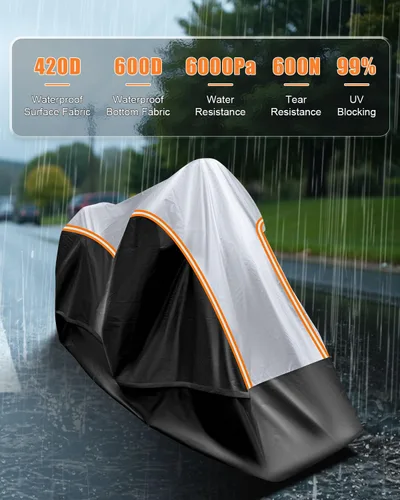 Vista 4 de Funda para motocicleta totalmente cerrada, impermeable, para almacenamiento en interiores y exteriores, resistente con tiras reflectantes, se adapta