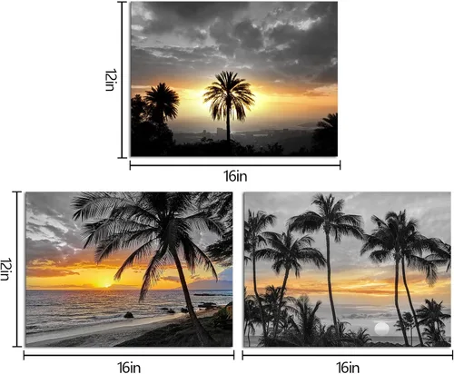 Vista 5 de HOMEOART Arte de pared de palmera, océano, playa, puesta de sol, paisaje, paisaje tropical, palmera, imagen, decoración de pared, obra de arte